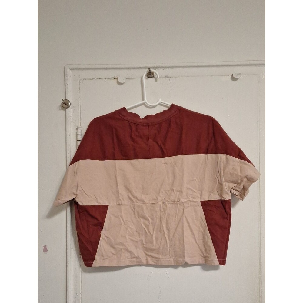 adidas Colorblock Cropped Logo Tee - Burgundy & Beige - Picture 3 of 6